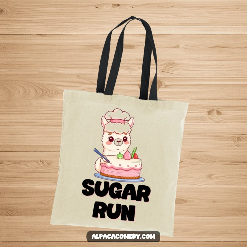 Funny tote bag showcasing a cute alpaca chef hat artisanally decorating a beautiful pastel cake, ready for grocery runs.